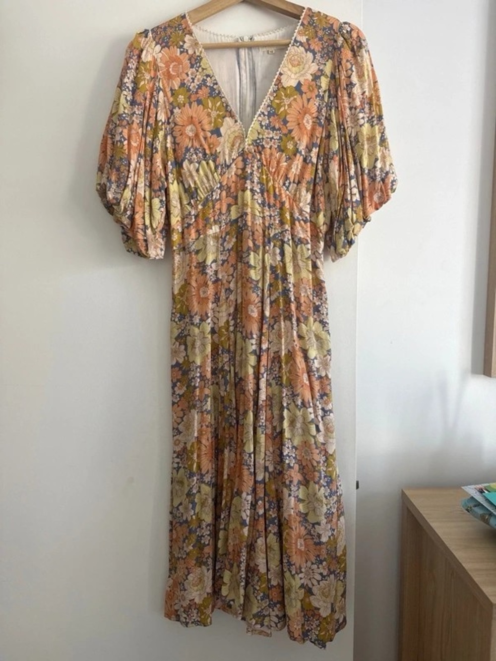 Floral V-Neck Midi Dress in Peach & Yellow